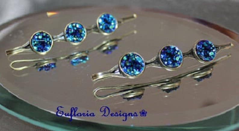 Womans Barettes Crystal Hair Pins Druzy Hair Jewelry Unique Hair Pins Bridal Something Blue Jeweled Hair Clips Womens Hair Accessories