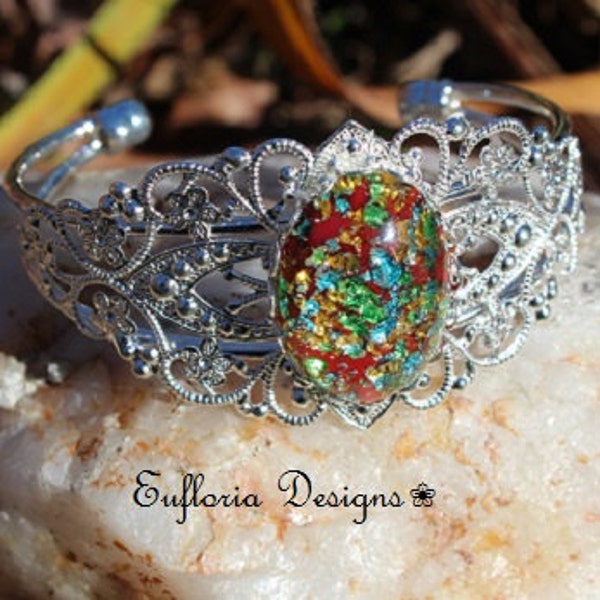 Womens Cuff Bracelet | Opal Jewelry, Antique Opal Bracelet, Silver Cuff, Victorian Bracelet, Christmas Red Stone Bracelet, Gift for Woman