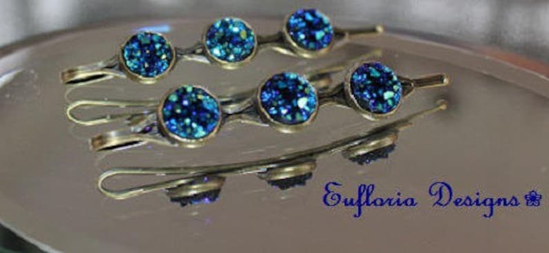 Womans Barettes Crystal Hair Pins Druzy Hair Jewelry Unique Hair Pins Bridal Something Blue Jeweled Hair Clips Womens Hair Accessories