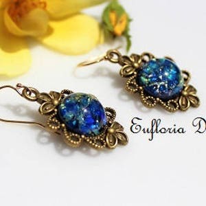 Opal Drop Earrings for Women | Antique Earrings, 14K Gold Earrings Dangle, Flower Fire Opal Earrings, Sapphire Blue Vintage Jewelry Handmade