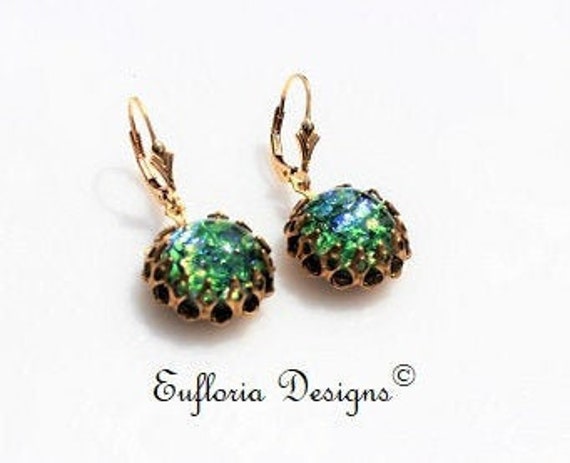 Green Opal Earrings Dangle | Womens 14K Lever Back Earrings, Fire Opal Jewelry, Vintage Gold Earring, Irish Wedding Earrings, Gift for Woman