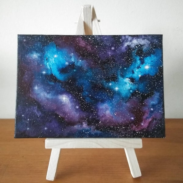 Blue Nebula - Mini peinture à l’huile 7 » x 5 » avec chevalet - Affranchissement gratuit au Royaume-Uni