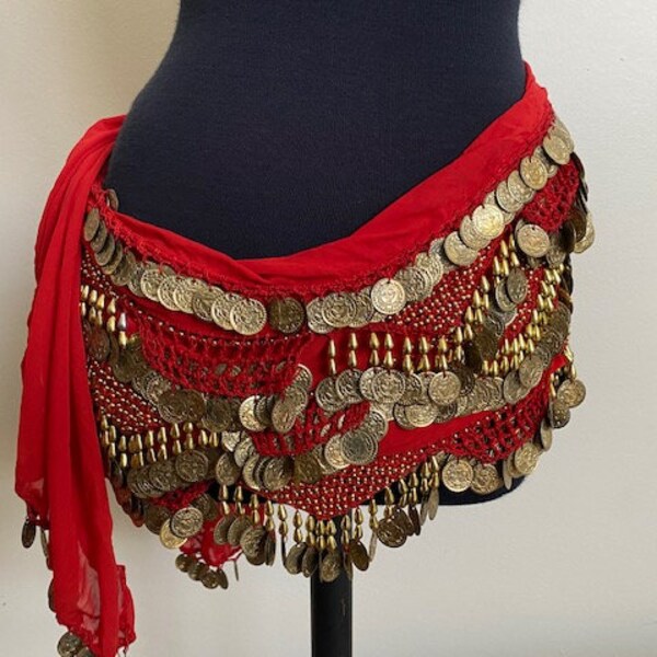 Red Belly Dance Hip Scarf with Gold Coins and Beads , Hand Made Belly Dancing Skirt with Coins