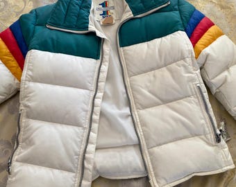 Number 1 Sun Vintage Ski Jacket Rainbow Colors, Medium Puffer Skiing Down Feathers