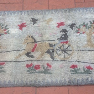 Hooked Rug, Country Lane, Buggy and Driver 59&quot; by 35&quot;, Vintage Americana