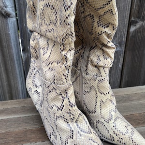 May include: A pair of beige and brown snakeskin-patterned boots. The boots have a pointed toe and a stiletto heel. The shaft of the boots is slightly scrunched. A zipper runs up the side of each boot.