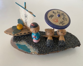 Vintage Tiny Miniature Kokeshi dolls in Beach Setting