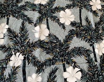 Hawaiian Print Fabric, Palm Trees and White Hibiscus