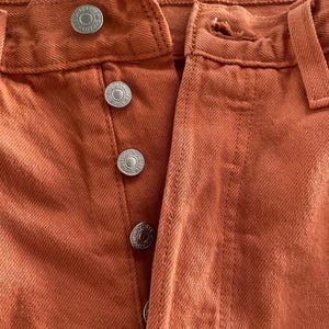 May include: Close-up of a pair of rust-colored denim pants. The pants have a button fly with silver buttons and a matching silver button at the waistband. The fabric is a solid, textured weave.