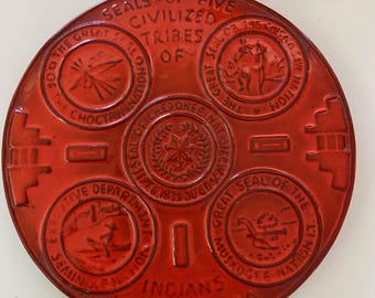 Vintage Frankoma Pottery Trivet, "Seals of Five Civilized Tribes of Indians in Oklahoma"
