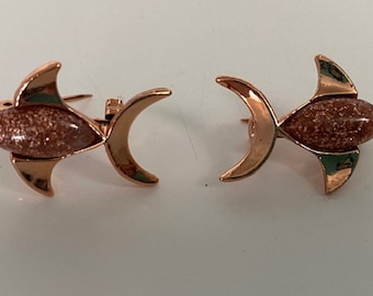 Fish Shaped Pair of Copper Lapel Pins with "Goldstone" Vintage