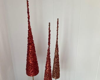 Trio of 1950's Mid Century Modern Red Christmas Trees, Table-top Decor