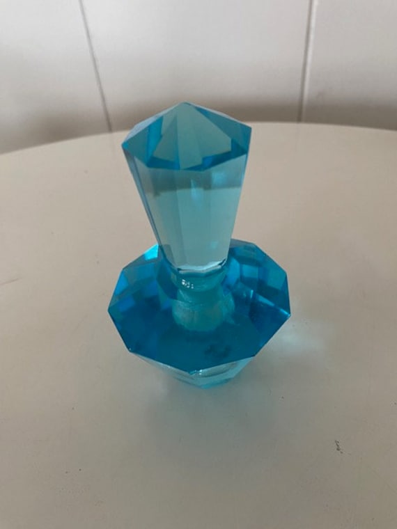 Turquoise Glass Hand Cut Perfume Bottle Vintage