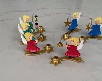 West German Vintage Erzgebirge Wooden Angel Candle Holders, set of 6, 1950's