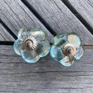 May include: Two flower-shaped cabinet knobs made of translucent, light blue-green glass. Each knob features a central, circular metallic silver-toned hardware piece with a scalloped edge, providing a secure attachment point for furniture installation.