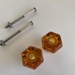 Vintage Pair of Amber Colored Glass Drawer Single Knobs