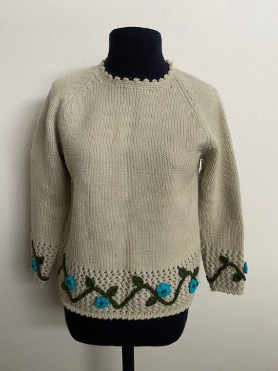 Bernita Knit Sweater, 100% Wool, Crochet Trim