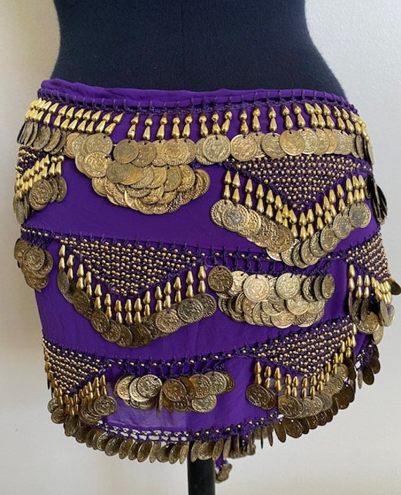 Purple Belly Dance Hip Scarf with Gold Coins and B