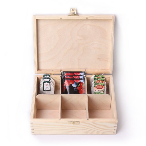 wooden tea box, unfinished 6 compartments display box, unpainted wood keepsake, Scandinavian style organizer, storage, painting, decoupage