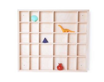 wooden display, unfinished 28 compartments spice rack, unpainted wood knick knack collection keepsake case, shelf, shadow box, organizer