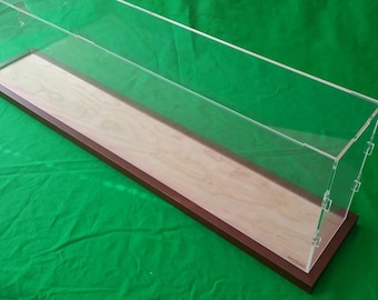 25”L x 7”W x 19”H display case with 3/16" thick acrylic brown wood frame base