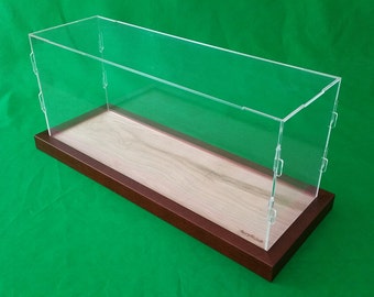 19&quot;L x 6&quot;W x 8&quot;H Clear Acrylic Plexiglass Table Top Display Case Box Walnut Wood frame base Model Ships and Ocean Liners Cabinet Organizer