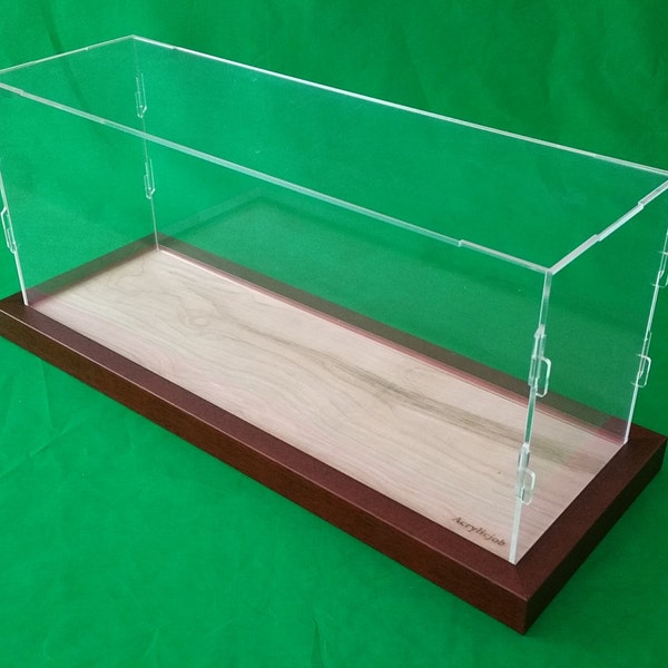 19"L x 6"W x 8"H Clear Acrylic Plexiglass Table Top Display Case Box Walnut Wood frame base Model Ships and Ocean Liners Cabinet Organizer