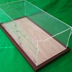 25"L x 8.5"W x 10"H Table Top Acrylic Display Case with Walnut Wooden Base Stand Organizer Cabinet