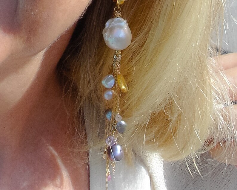 LA TRAVIATA...Custom made to order...designer Pearl earring, long Pearl dangle, earring cluster, shoulder duster,giant Pearl,wedding jewelry image 4