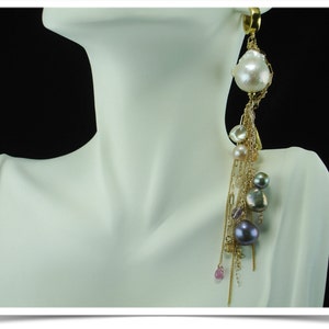 LA TRAVIATA...Custom made to order...designer Pearl earring, long Pearl dangle, earring cluster, shoulder duster,giant Pearl,wedding jewelry image 1