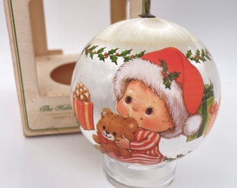 1980 Hallmark Ambassador Baby's First Christmas Ornament Satin Ball Keepsake Bulb RARE Vintage Tree Trimmer Boy Girl Santa Hat Unbreakable