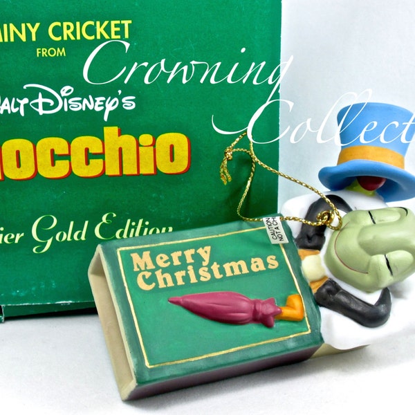 Disney Grolier Gold Edition Jiminy Cricket in Matchbox Porcelain Treasures Ornament Vintage Pinocchio Collection Christmas Sleeping RARE