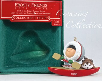 1985 Hallmark Frosty Friends Keepsake Ornament 6th in Series Eskimo Kayak Husky Dog Christmas Vintage