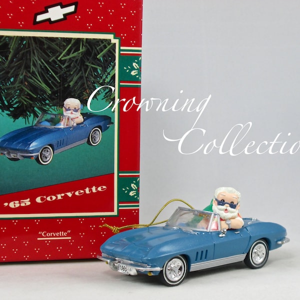 Enesco 1965 Corvette Treasury of Christmas Ornament Surfboard Car Blue Santa Driving Surfing California Hawaiian Shirt Vintage