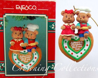 Enesco Christmas Two-Gether Ornament Mom and Dad Baking Bears on Cookie Parents Family Vintage Treasury of Christmas Mother Father Love