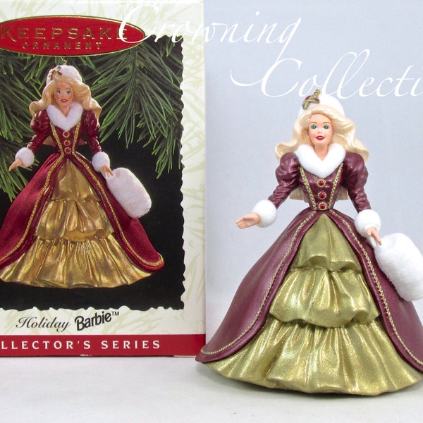 1996 Hallmark Holiday Barbie Keepsake Ornament 4th in Celebration Series Gold Dress Muff Winter Vintage Happy Holidays #4