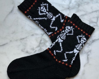 Dancing skeletons top-down sock pattern.
