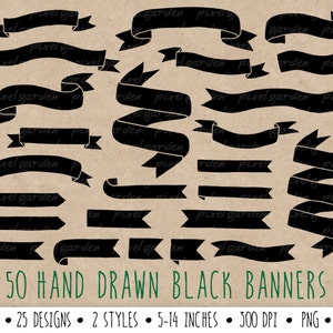 Hand Drawn Banners Clip Art. Doodle Ribbon Banners. Black Banners Clip Art. Black Digital Banners.