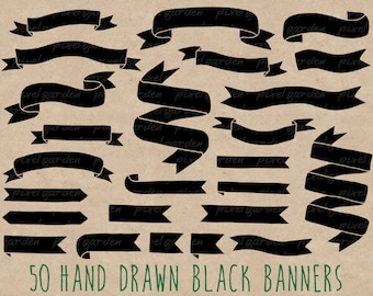 Hand Drawn Banners Clip Art. Doodle Ribbon Banners. Black Banners Clip Art. Black Digital Banners.