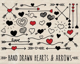 Hearts and Arrows Clip Art Set. Valentine's Day Clipart. Hand Drawn Doodle Arrows and Hearts in Red, Black. Mother's Day Clipart (0007)