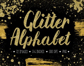 Gold Glitter Alphabet Clipart. Sparkly Letters, Numbers, Symbols. Hand Written Metallic Brush Script. Gold Font for Wedding - 300dpi - PNG -