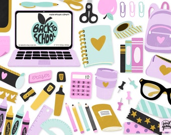 Back To School Clipart. School Clip Art. Hand Drawn Office Suplies, Student, Teacher Clipart. Stationery, Backpack, Laptop, Notebook, Washi.