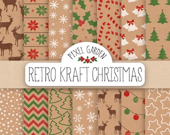 Rustic Christmas Digital Paper. Red, Green Kraft Christmas Scrapbook Paper. Retro Reindeer, Christmas Tree, Snowflake, Stamp Background.
