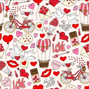 May include: A seamless pattern featuring a variety of Valentine's Day themed illustrations, including hearts, doves, bicycles, hot air balloons, lips, chocolate, and the word "LOVE".