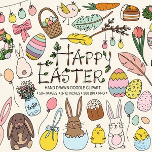 Clipart de Pâques. Clipart oeuf de Pâques dessinés à la main. Clipart printemps. Panier de Pâques, poussin, illustrations de lapin. Clipart fleur de griffonnage.