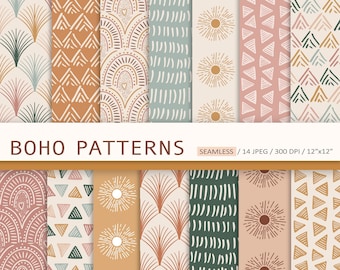 Abstract Boho Seamless Patterns. Hand-Drawn Boho Digital Paper. Minimalist Rainbow Digital Paper. Seamless Geometric Scandinavian Background