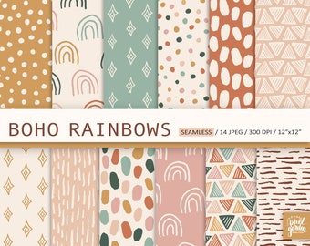 Boho naadloos digitaal papier. Boho regenboog plakboekpapier. Polka Dot Boho-achtergrond. Geometrische Boho-patronen. Commercieel gebruik digitaal papier