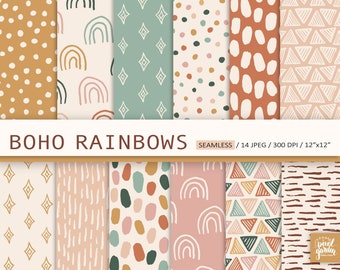 Papel digital sin costuras Boho. Papel de álbum de recortes Boho Rainbow. Fondo bohemio de lunares. Patrones geométricos boho. Papel digital de uso comercial