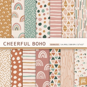 Papel digital bohemio sin costuras. Papel para álbum de recortes con motivos boho y arcoíris. Fondo bohemio con lunares. Patrones boho geométricos. Papel digital para uso comercial