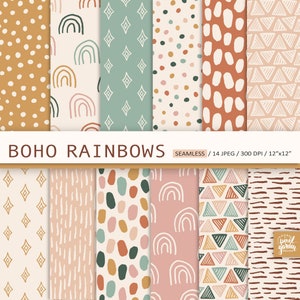 Boho Seamless Digital Paper. Boho Rainbow Scrapbook Paper. Polka Dot Boho Background. Geometryczne wzory Boho. Komercyjne zastosowanie papieru cyfrowego